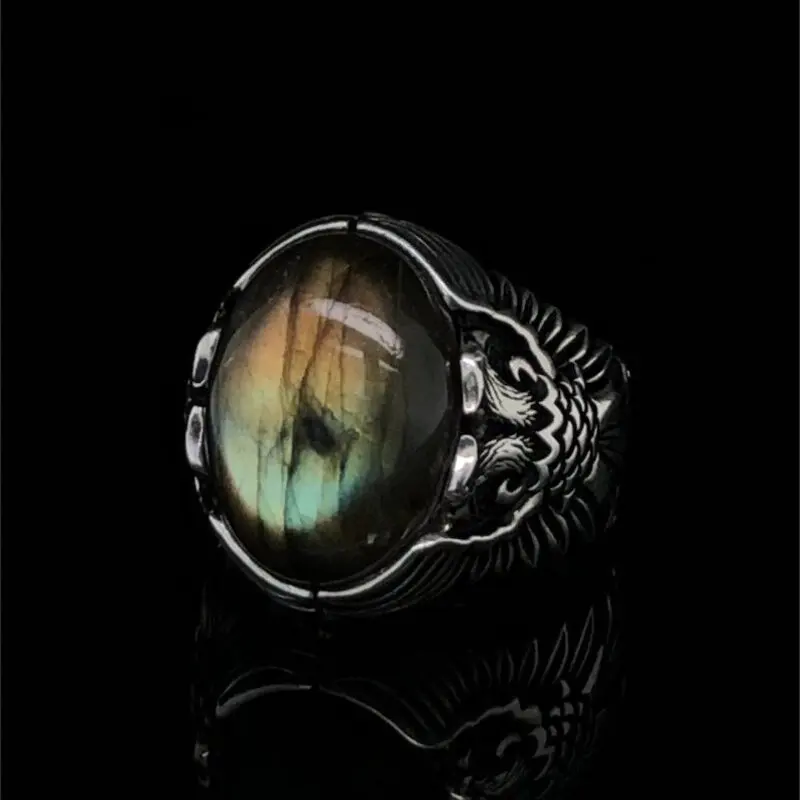 

925K Vintage Labradorite Exclusive Design Medieval Double Headed Eagle Ring Authentic Sterling Silver Antique Turkish Mens Ring