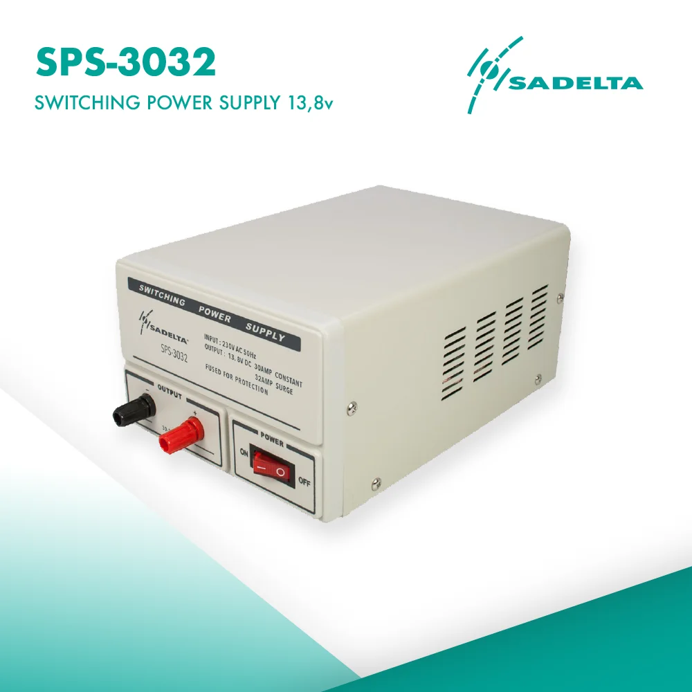 SADELTA SPS-3032 switching power supply 13,8 volt. 30 to 32 amps power supply with input at 220 volts and output at 13.8 volts. 30 continuous amps and 32 peak amps. Its size 250x155x115mm