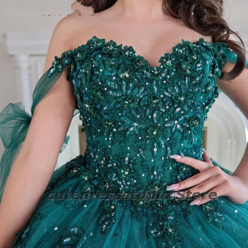 Elegante Dunkelgrün Quinceanera Kleider Perlen Weg Von Der Schulter Süße 16 Spitze Vestidos De XV Años