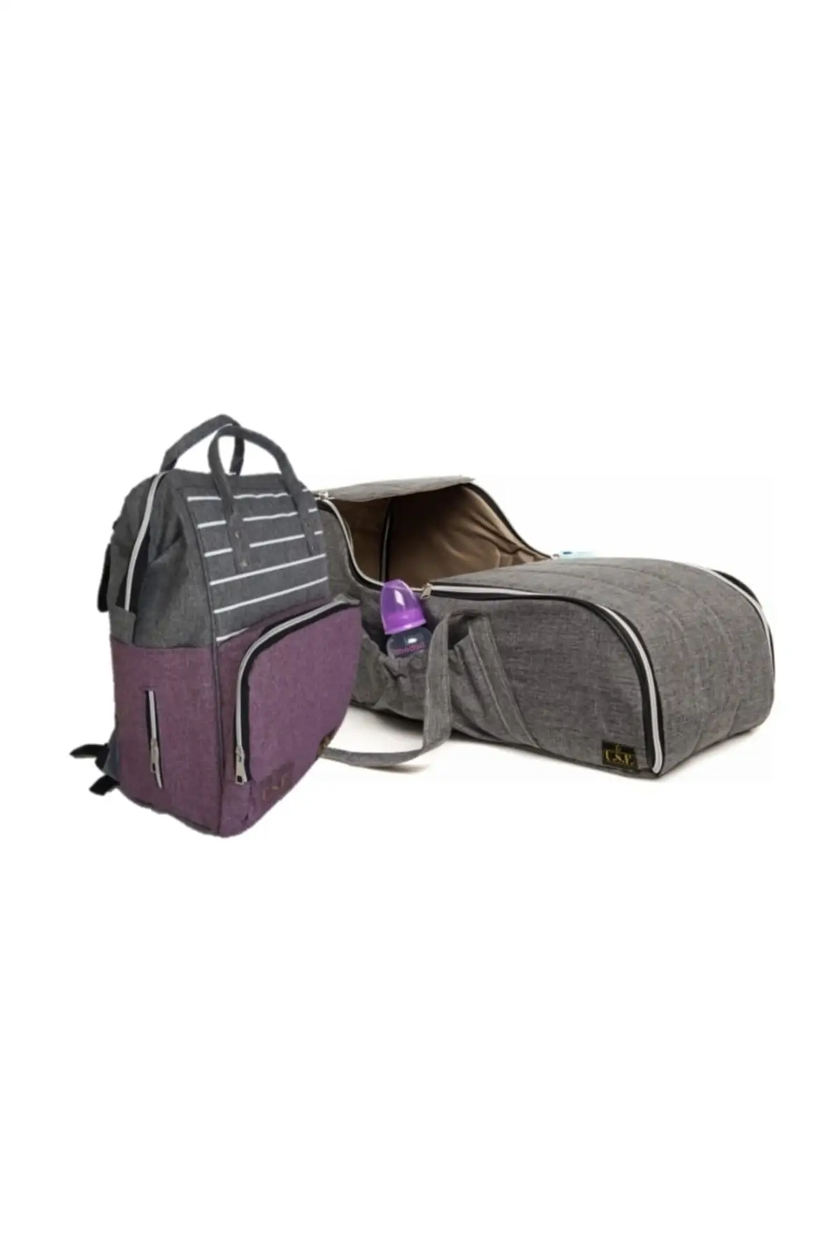 Mother Baby Care Bag + Carrycot Main Lap Stroller Dual Set Striped Gray-purple