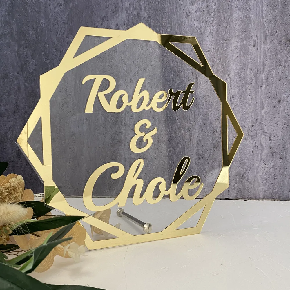 Hexagon Name Sign Couple Acrylic Mirror Frame Wedding Engagement Party Custom Word Table Signs Personalized Baby Shower Decor