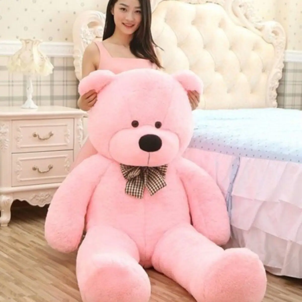 Plush Large Cute Pink Soft Teddy Bear with Bow Tie 130 cm Souvenirs Valentine Gifts