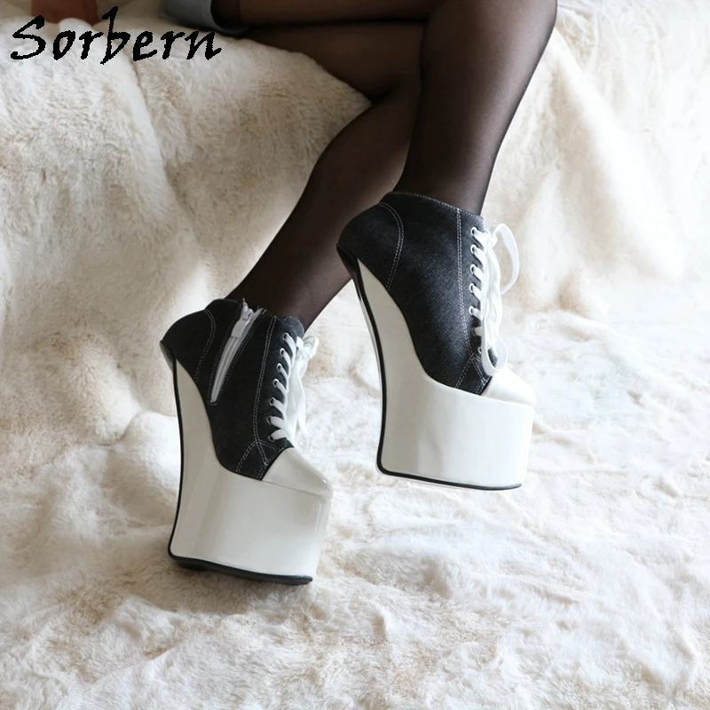 Sorbern Black Xdresser Canvas Pump Shoe Heelless Thick Platform Shoe Ankle High Fetish High Heel Black And White Drag Queen Shoe