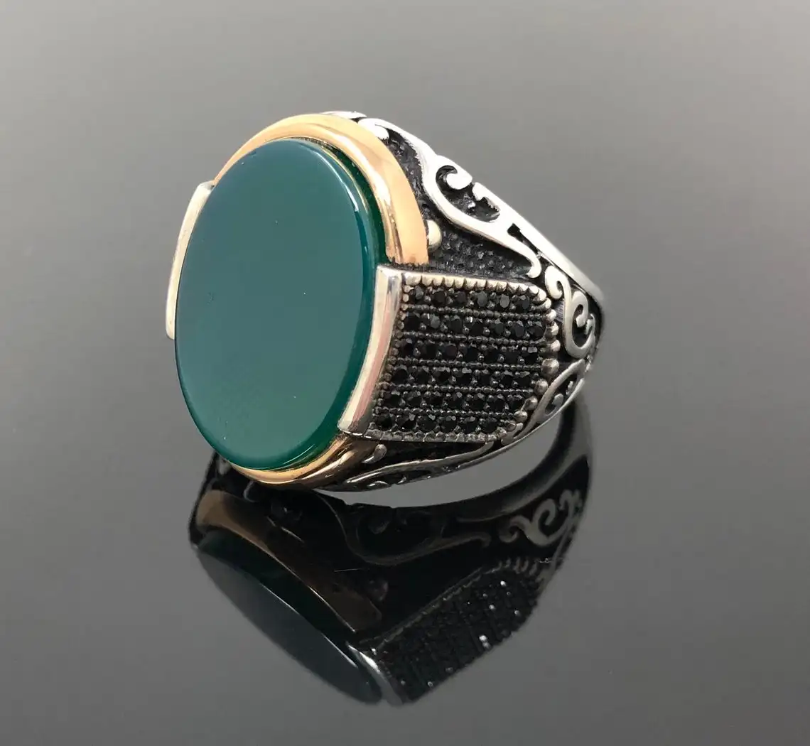 Elegante Ring In 925 Sterling Zilver Groen Agaat En Side Black Micro Zirkoon Steen Trendy Gift Formen Ringen Fijne Sieraden