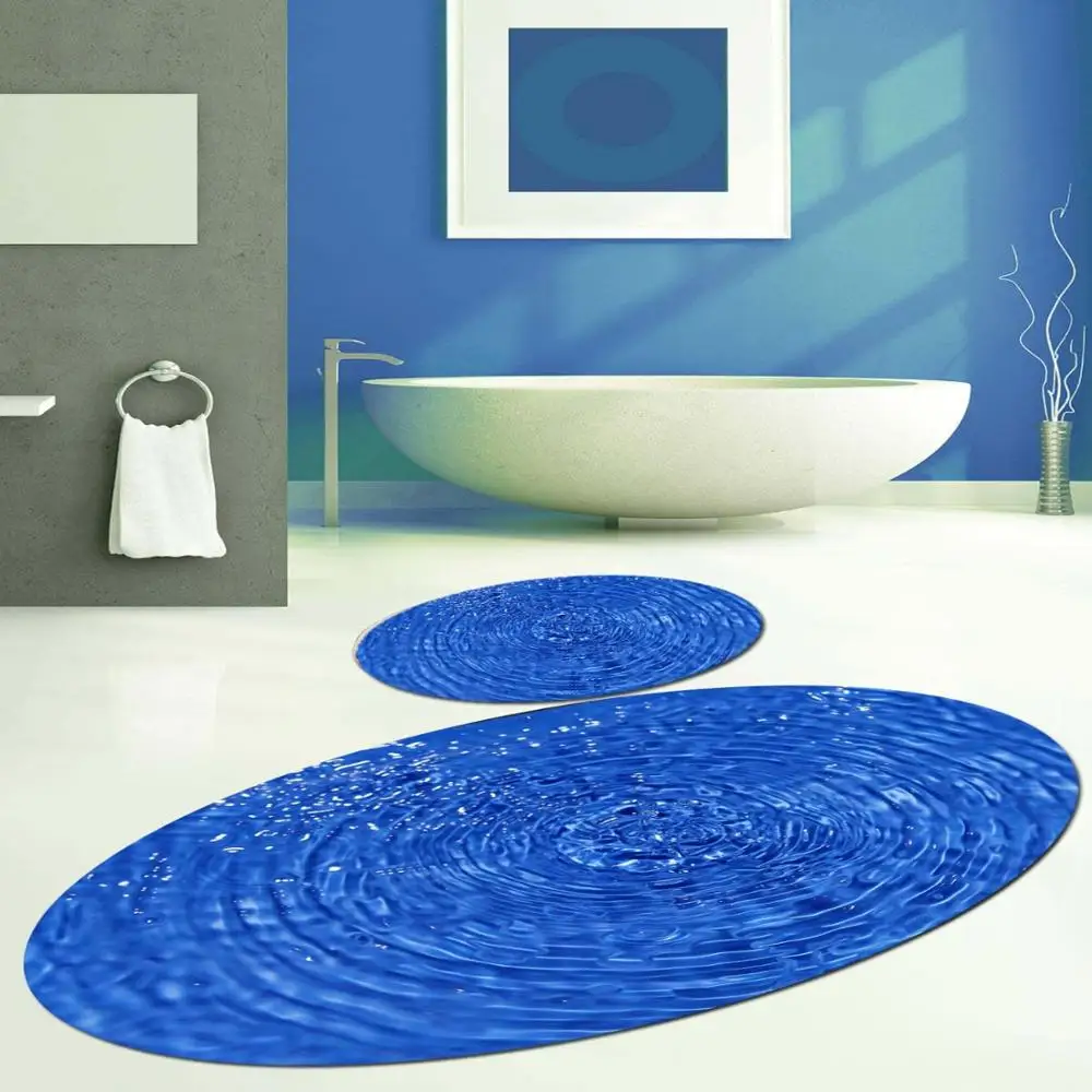 

Else Blue Sea Water Wave Oval 2 Pcs 3d Pattern Print Bath Mats Anti Slip Soft Washable Bathroom Mat Toilet Rugs