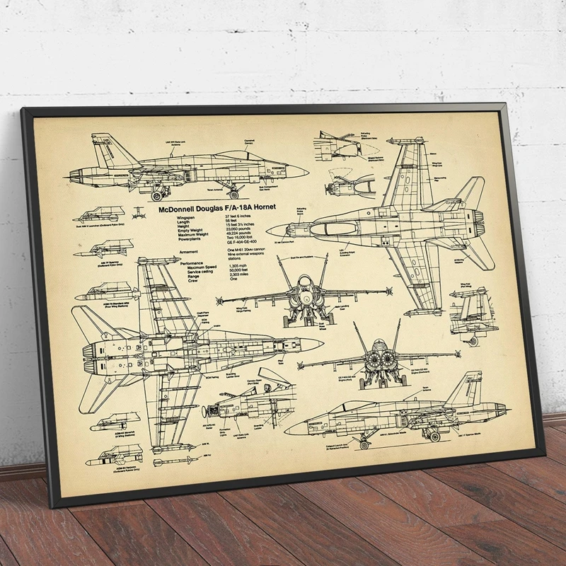 Air Force Plane F18 Hornet Patent Prints Airplane Poster Fighter Jet Blueprint Art Canvas Painting Picture Pilot Gift Home Decor