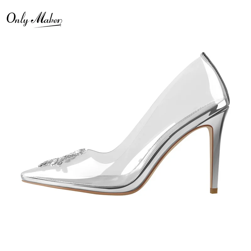 Onlymaker Women Pointed Toe Thin High Heel s Pumps Metal Heel Slip on Pumps PVC Floral Metal Decoration Shoes