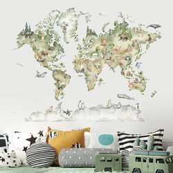 Watercolor World Map Animals Wildlife Wall Stickers Removable Vinyl Wall Decals Print Kids Room Playroom Interior Home Decor