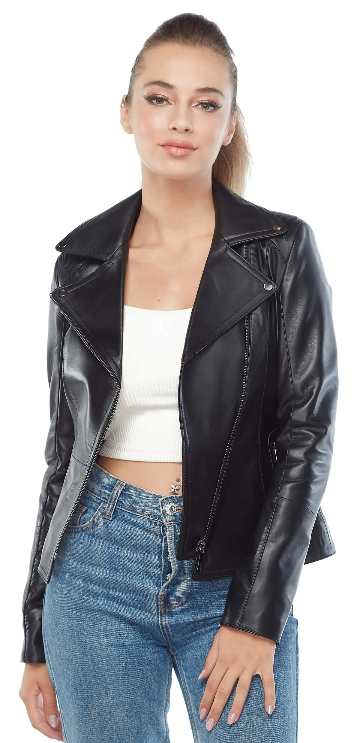 Bao Da Chính Hãng Áo Khoác Nữ Lông Cừu Thịt Cừu Da Cừu Thu Đông 2022 Mỏng Kích Thước Lớn Biker Vintage Thể Thao Đen