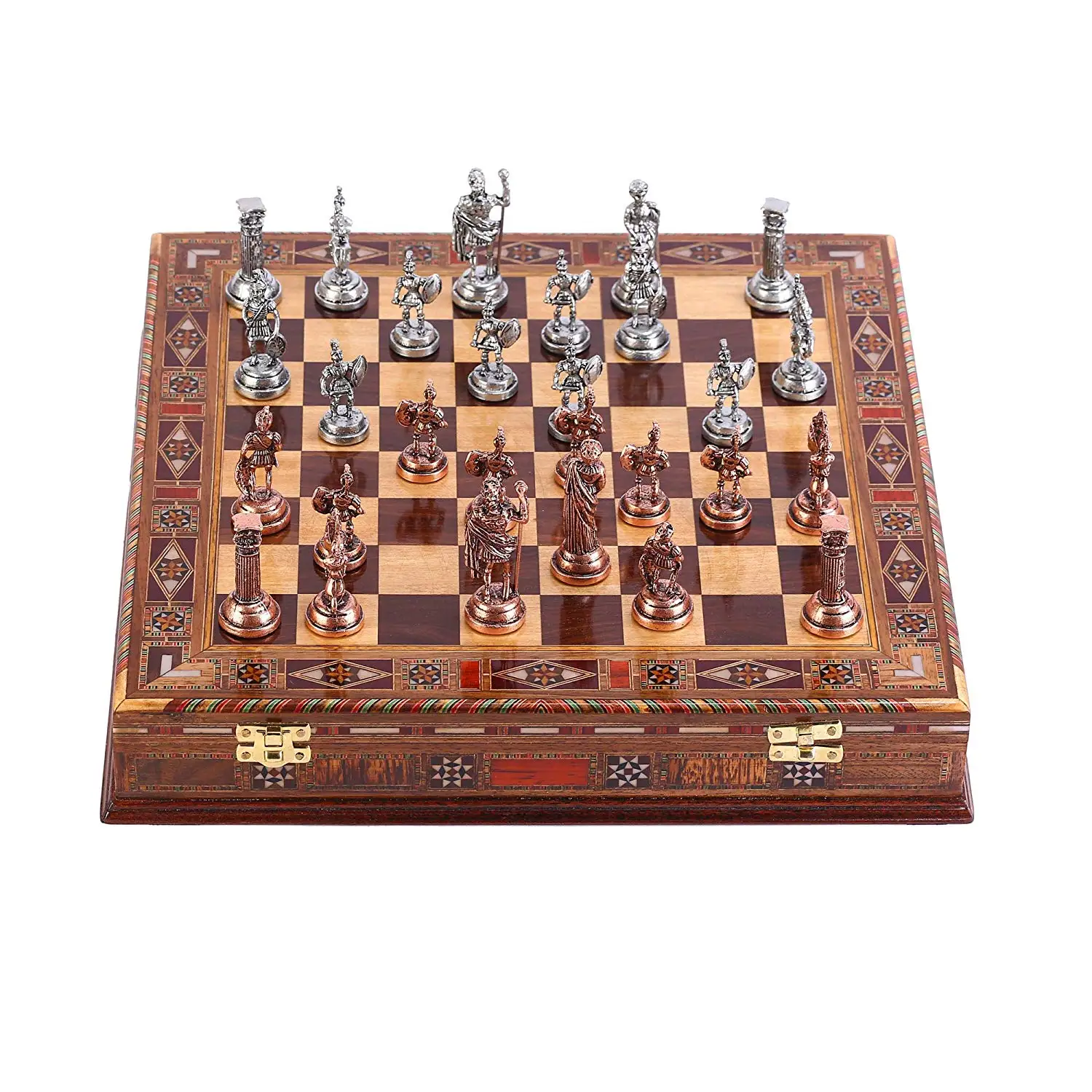 Antique Copper Rome Figures Metal Chess Set for Adult,Handmade Pieces,Natural Solid Wooden Chess Board,Storage Inside King 7cm