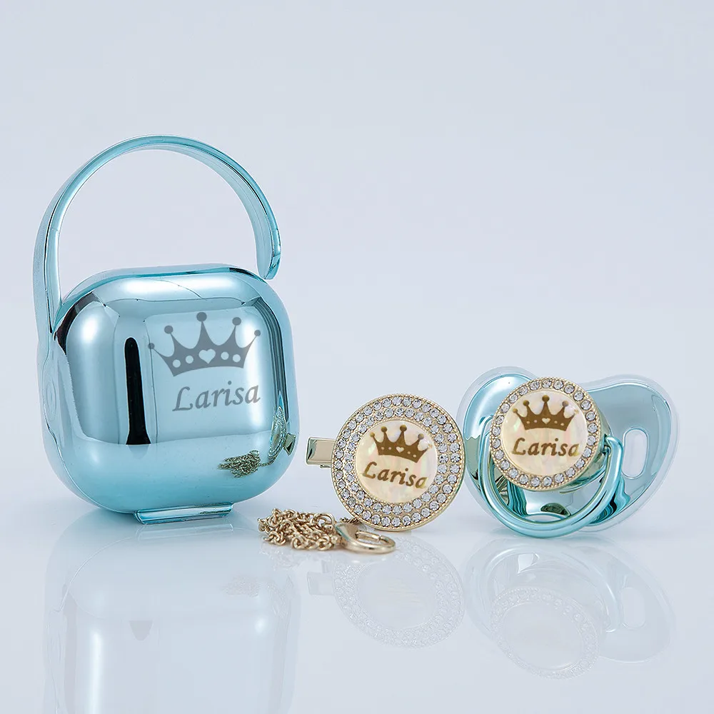 MIYOCAR personalized Metallic blue bling pacifier and clip pacifier box set BPA free dummy Luxury