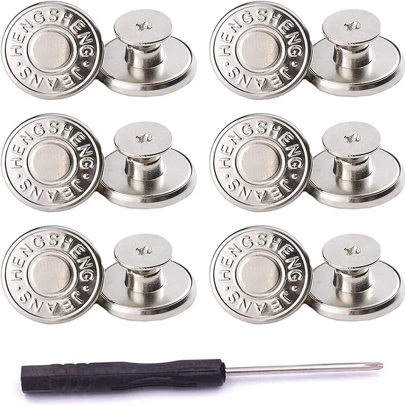 6 Pcs Jeans Buttons Replacement 17mm No Sewing Metal Button Repair Kit Nailless Removable Jean Buttons Replacement Combo