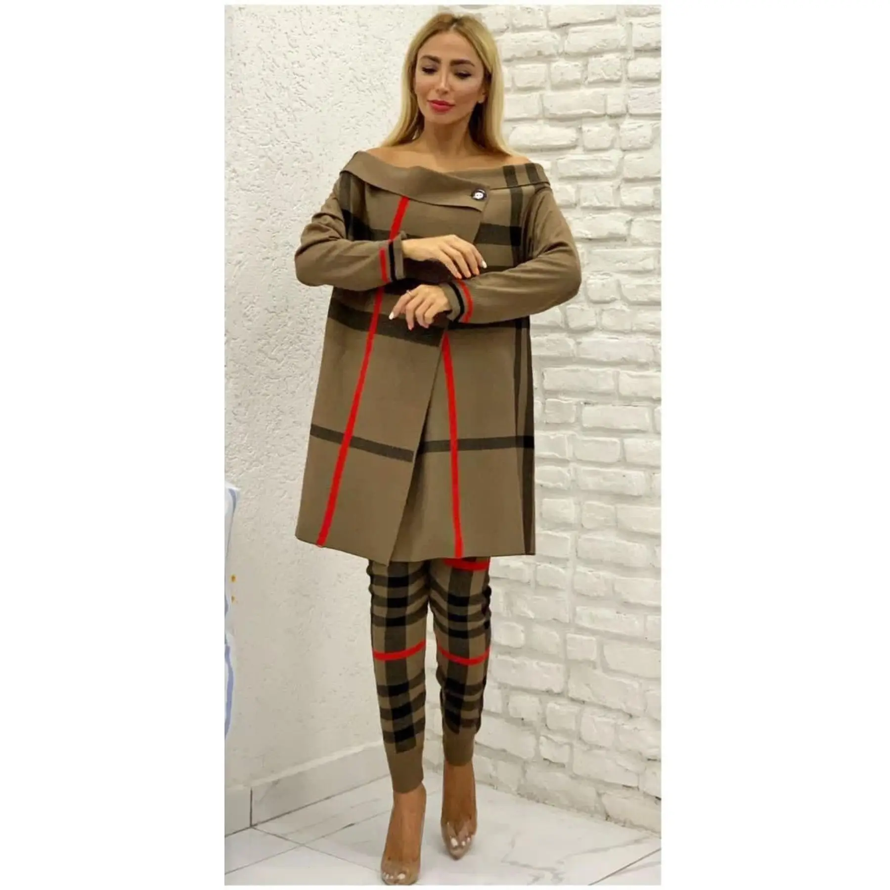 2 Pieces Women\'s Knitwear Buttoned Cachet Top and Pants Double Flexible Suit Set Striped Turkey Dubai 2021 Fashion Clothing Set