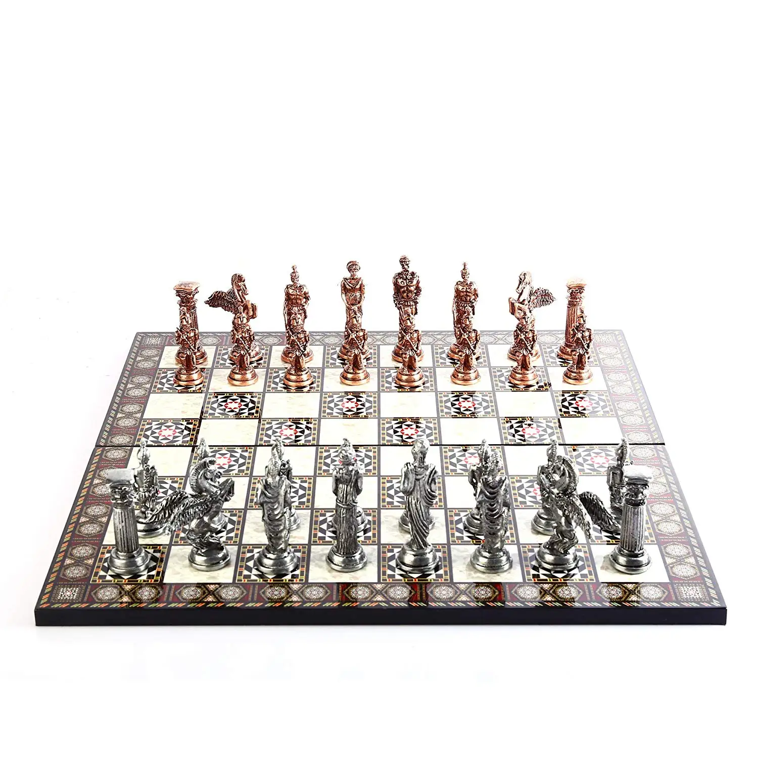 Mythologic Pegasus Antique Copper Figures Metal Chess Set,Handmade Pieces,Mother-of-Pearl Design Wood Chess Board King 9.5 cm