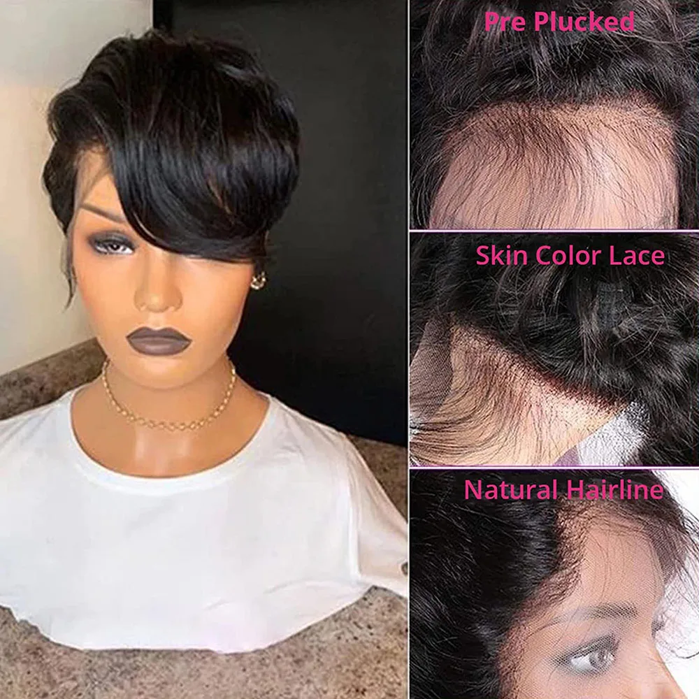 Curto Pixie Cut Wig Straight Bob Perucas de Cabelo Humano Parte T HD Transparente Lace Front Peruca Para Mulheres Side Lace Parte Perucas Brasileiras