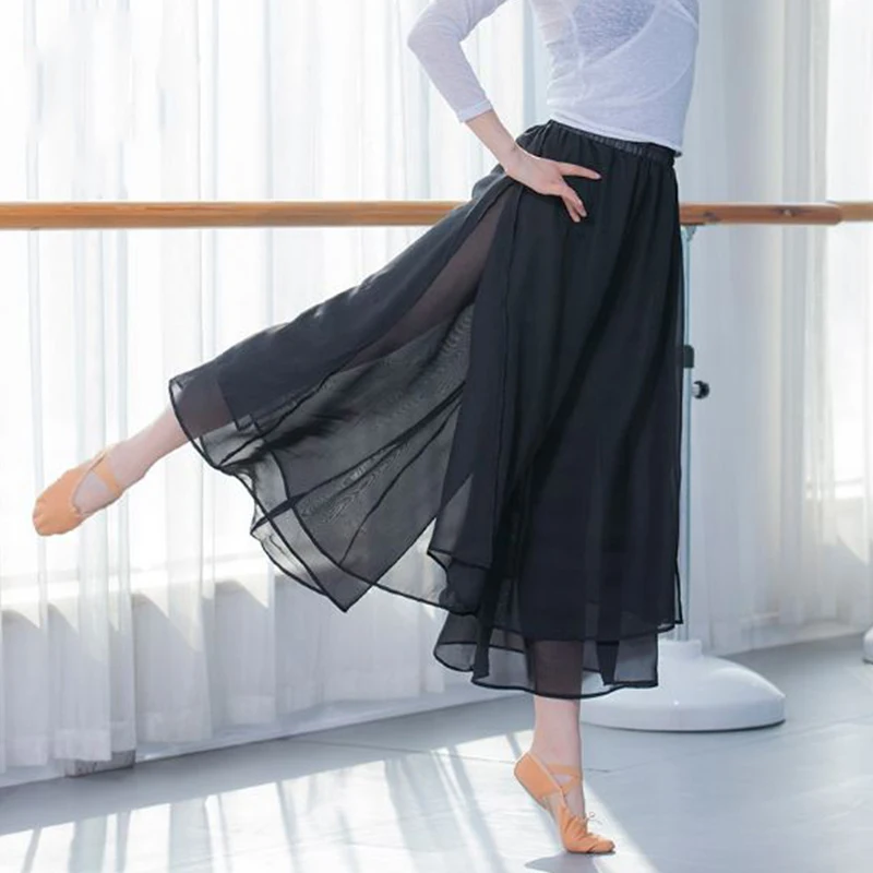 Chiffon Culottes Losse Geplooide Wijde Pijpen Palazzo Broek Vrouwen Dance Harem Rok Kleding Flowy Broek Klassieke Danser Zwart