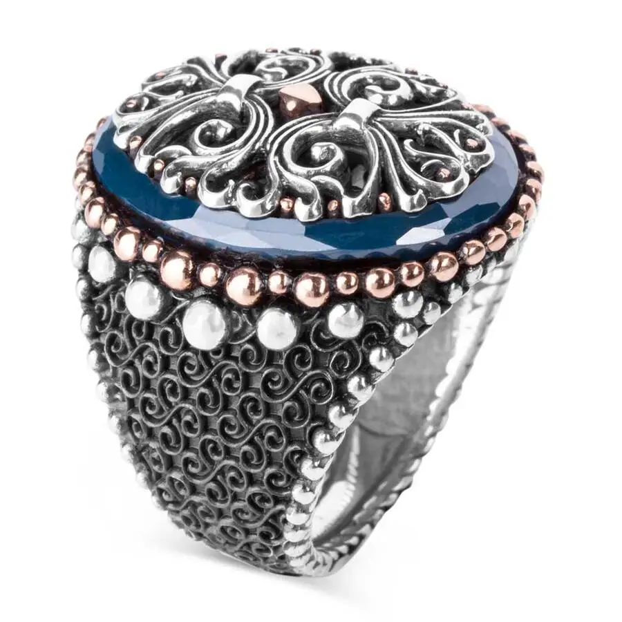 Special Design Pattern Silver Men's Ring Surrounded by Blue Stone Fashion Turkish Premium Quality Handmade Jawelery