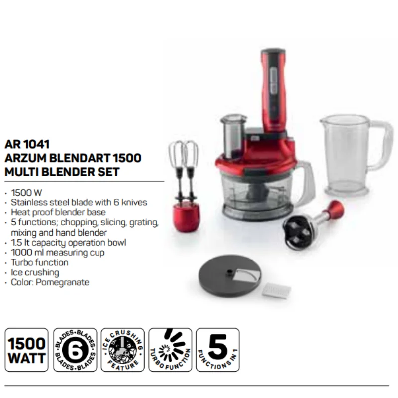 ARZUM Blendart 1500 Multi Blender Set Portable Electric Kitchen Blender Stainless Steel Blades Kitchen Appliances Food Processor