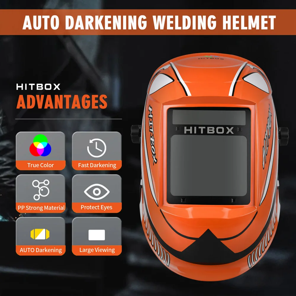 HITBOX Welding Helmet ​Auto Darkening Large Viewing Screen Hood Solar Lithium 4 Arc Sensor TIG MIG Arc Grinding Welder Mask