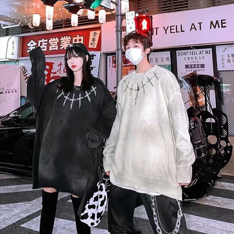 OverSized Women Sweater Autumn Winter Cross Plus Loose Casual Style Couple Sweater Retro Print Pullover Couple Sweater