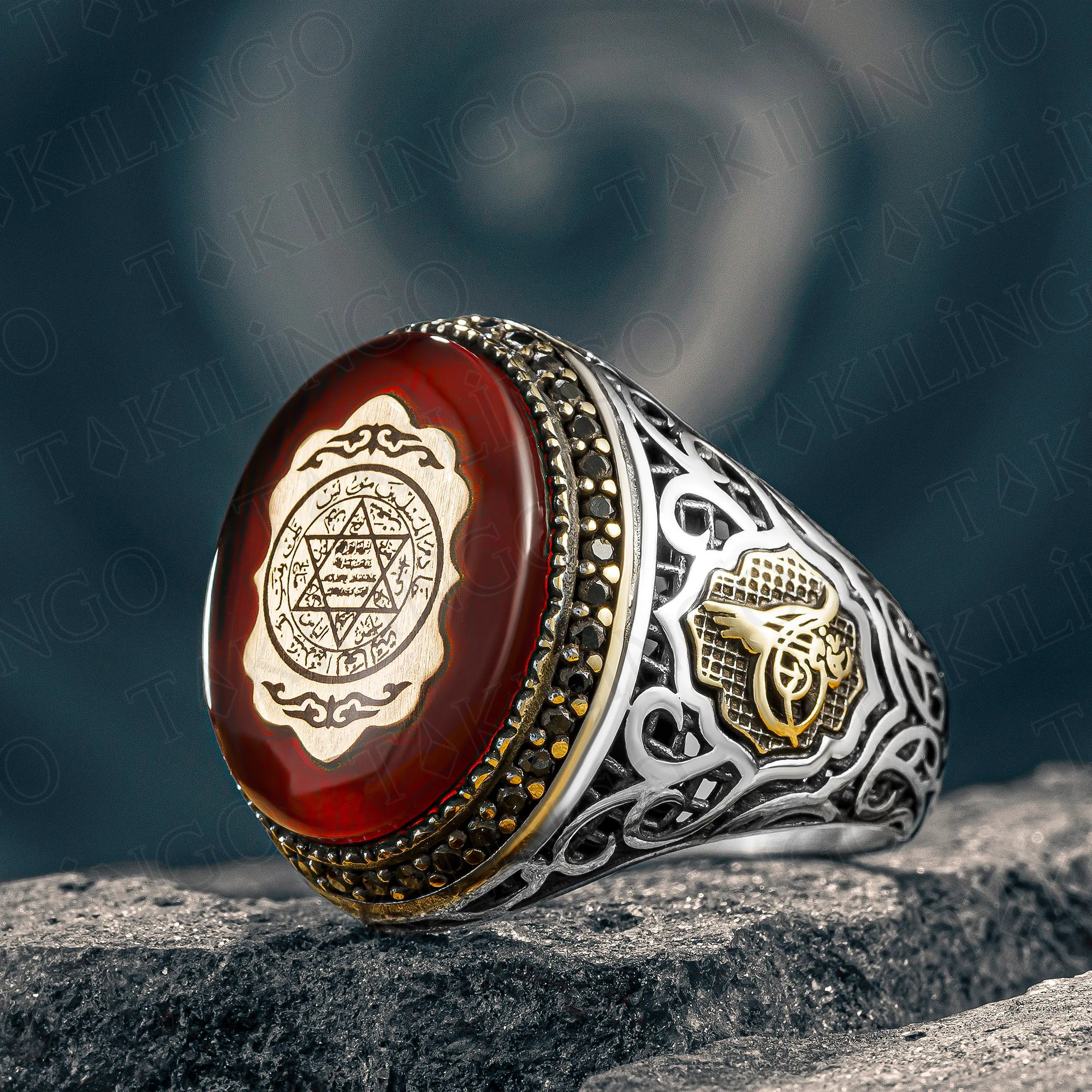 

Elegant Design Solid 925 Sterling Silver Seal Of Solomon On Amber Stone Men's Ring High Quality Handmade Jewelry Gift For Him