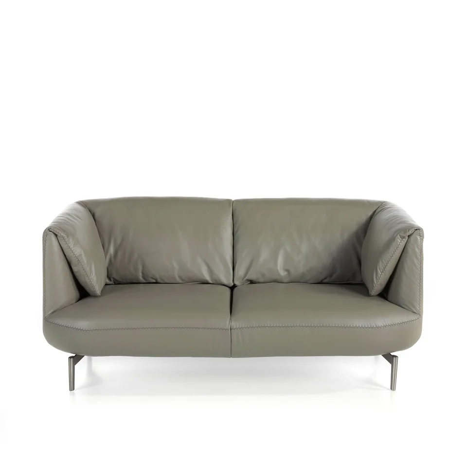 6036 sofa Angel Cerdá-2 seater sofa upholstered in cowhide with solid steel legs polished dark color and interior structure in pine wood.