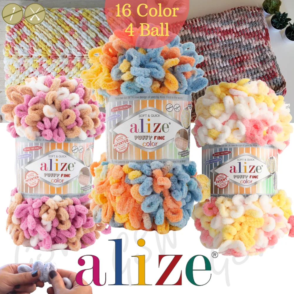 

Finger Knitting Yarn (4 Ball) 16 Color Options - Easy Knitting - NO SKEWERS -NO NEEDLES-14.5Meters(100gr)-Alize Puffy Fine Color