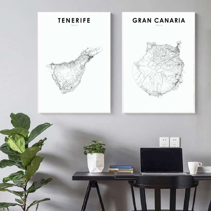 Póster artístico de mapa de España, impresión de mapa de Gran Canaria y Tenerife, cuadro sobre lienzo para pared moderno, imágenes, decoración de pared para habitación de guardería y oficina