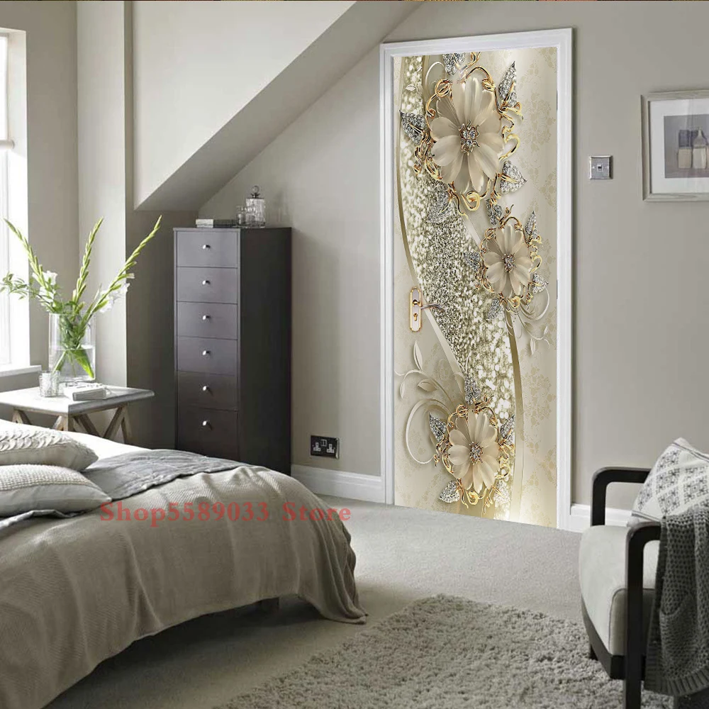 Modern Luxury Stair White Flower Door Sticker Europe Wooden Door Contact Wallpaper Entrance Corridor Bedroom Wall Decor Adhesive