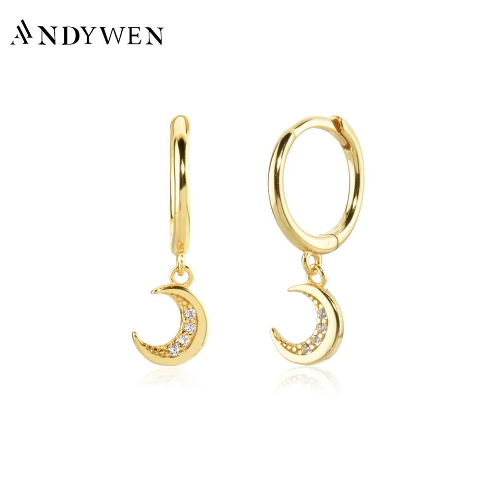 

ANDYWEN 100% 925 Sterling Silver Gold Moon Drop Earring Piercing Pendientes Crystal High Quality Wedding Fine Jewelry