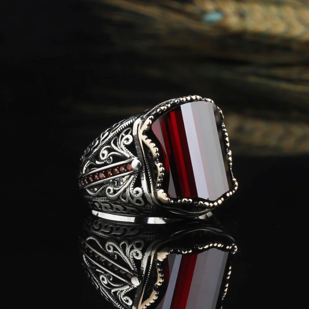 925K Sterling Silver Ring, Garnet Gemstone With Zircon Stones Unique Jewelry Handmade Stylish Vintage Accessory Fine Workmanship