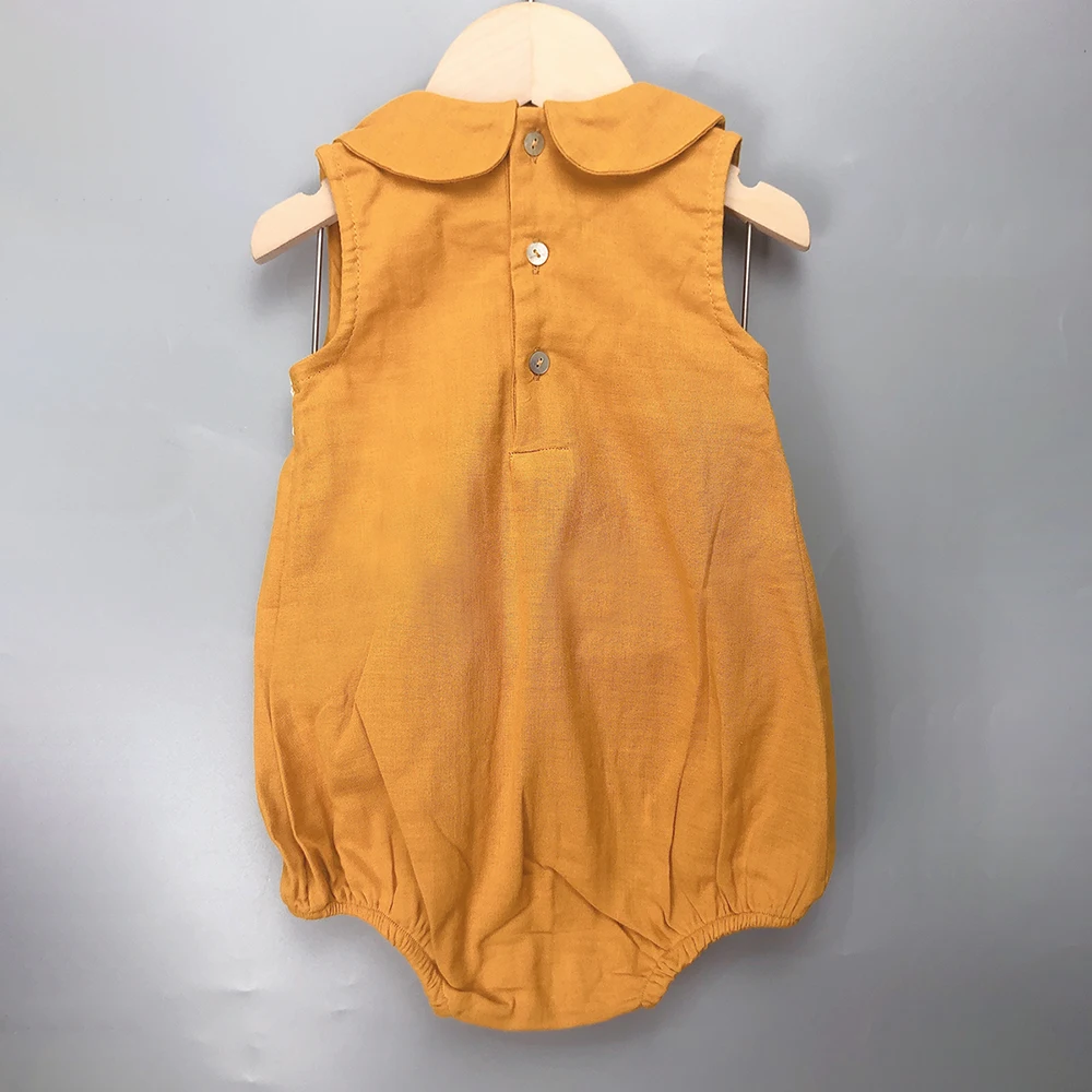 Children Boutique Spanish Clothing Summer Baby Girls Yellow Romper Short Sleeve Cotton Linen Boy Set Sister Brother Outfit