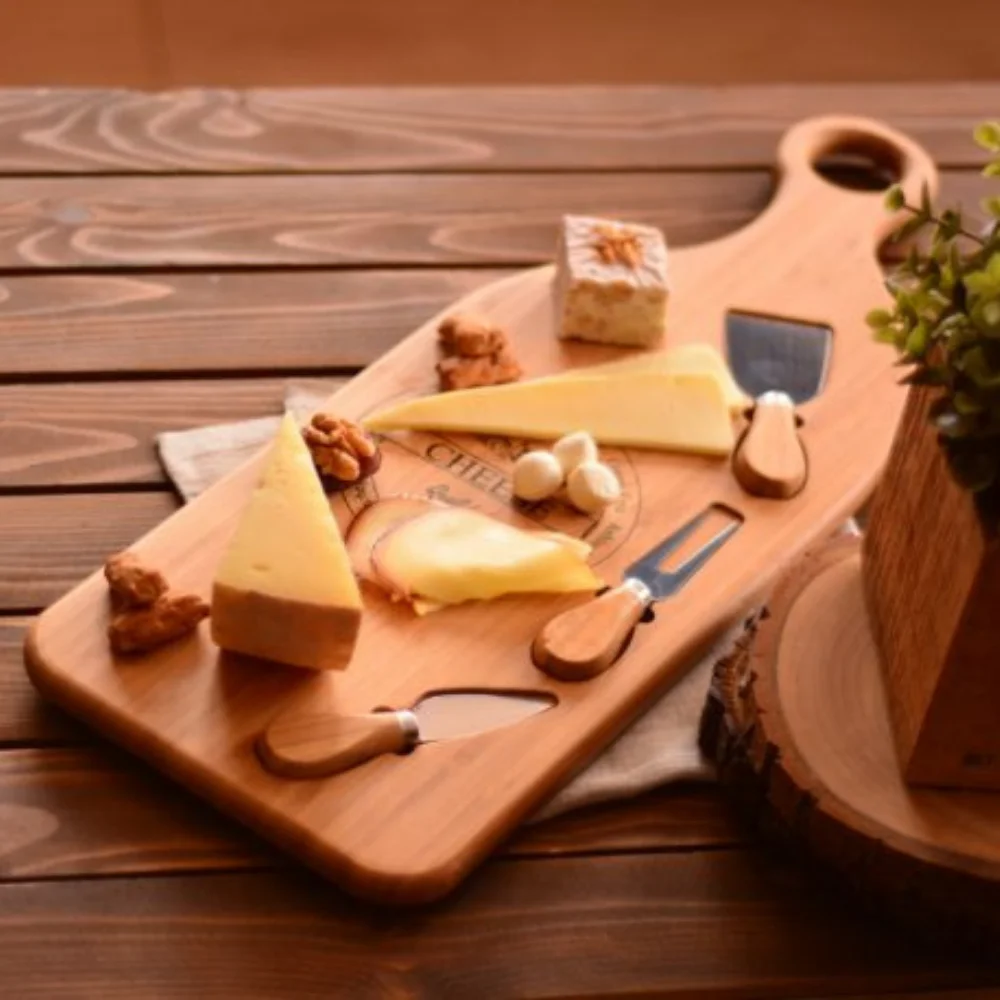 Bamboo 4 Piece Cheese Board Serving Cutter Set with Cutlery Wood Charcuterie Platter Serving with Cutter Tools Stylish Kitchen