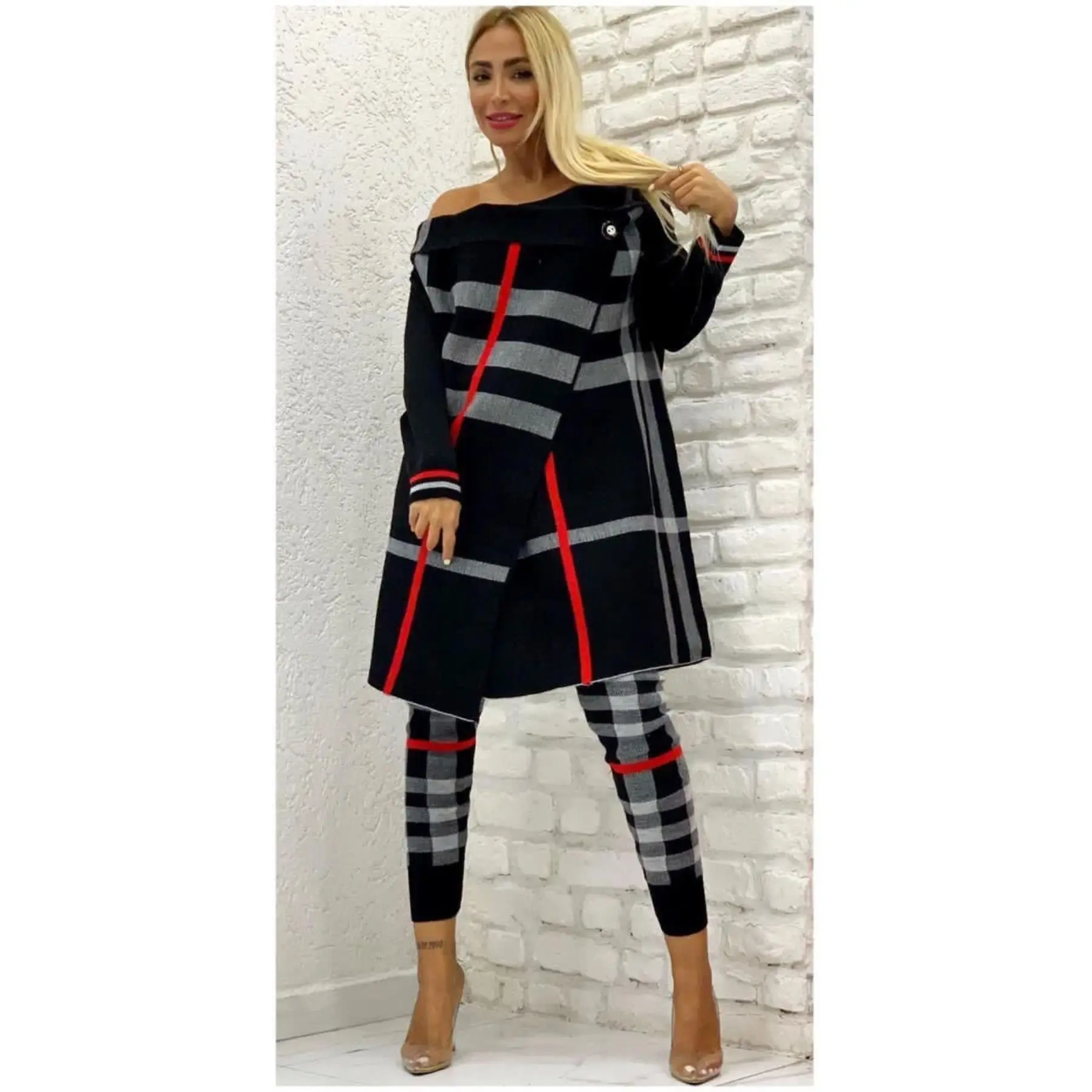 2 Pieces Women\'s Knitwear Buttoned Cachet Top and Pants Double Flexible Suit Set Striped Turkey Dubai 2021 Fashion Clothing Set