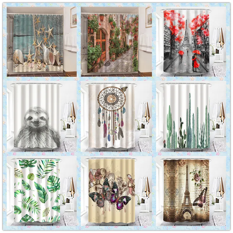 Bathroom Shower Curtains Starfish Conch Romantic Paris Cactus Printing Curtains For Bath Polyester Waterproof 150x180cm Curtain