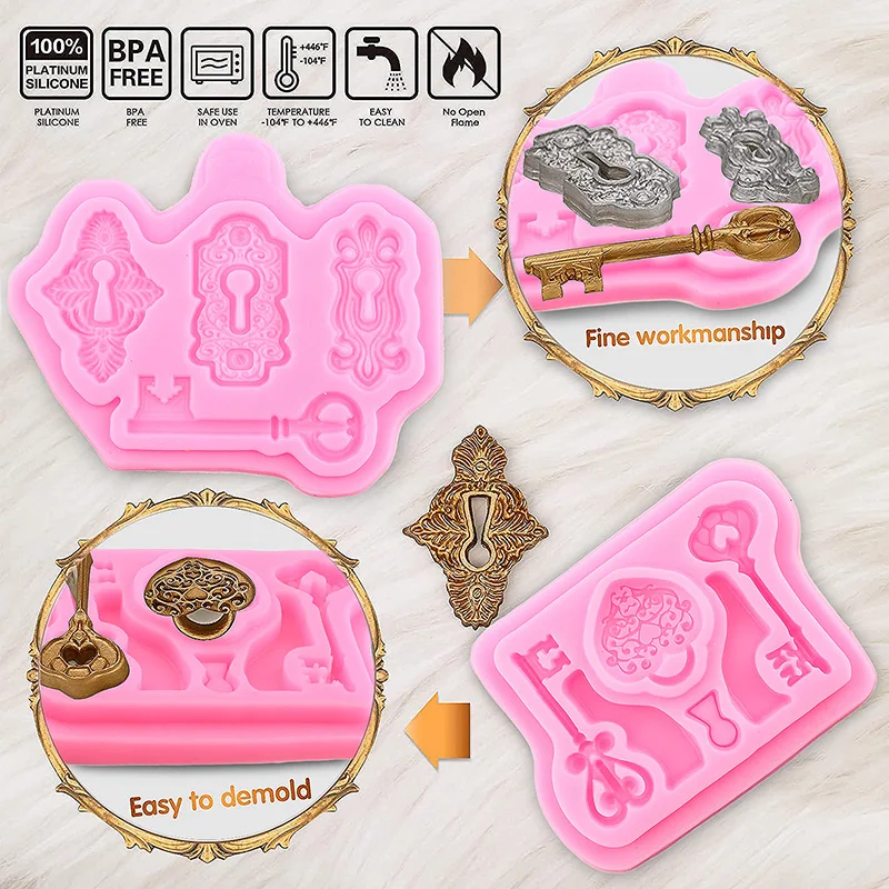 Vintage Key Keyhole Resin Silicone Mold Screws Heart Lock Catches Fondant Molds Cake Decorating Tools DIY Chocolate Baking Mould