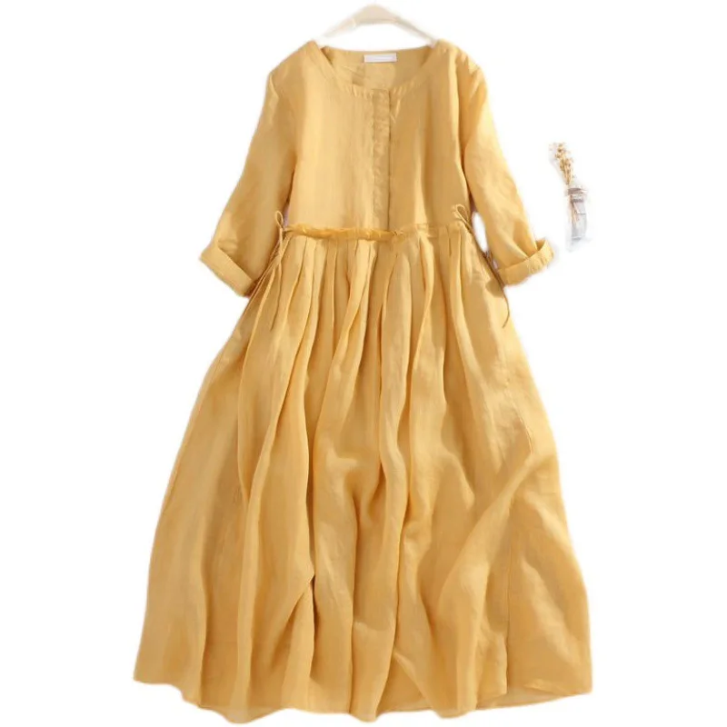 Dress ramie literature art 2024 Early spring summer round neck pleated drawstring three-quarter sleeves cool long dresses