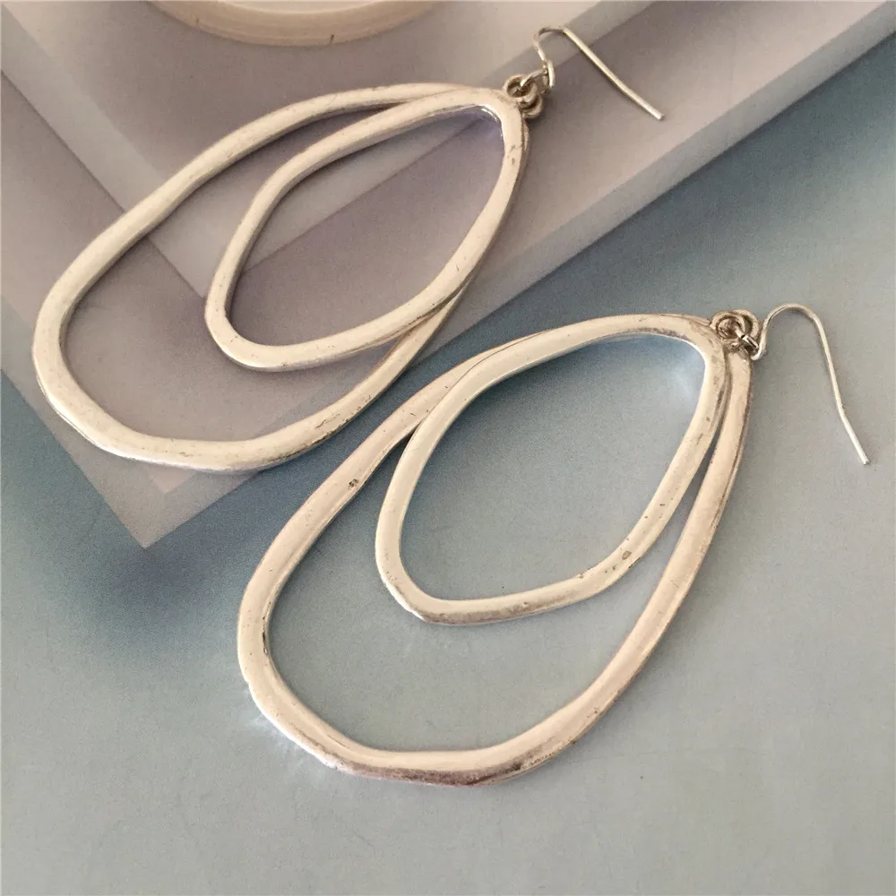 New Arrival Simple Design Big Drop Earring Silver Color Double Irregural Shape Dangle Earrings for Vintage Women Fashion