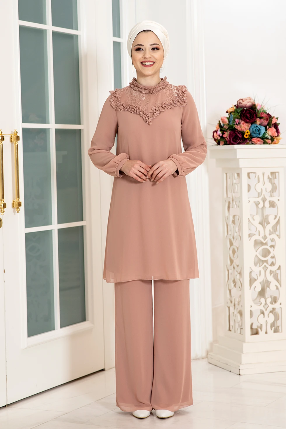 Summer 2021 2 piece Set muslim women turkey Lace Abaya blouse wide leg pants Kaftan Eid suit Islamic clothing djellaba