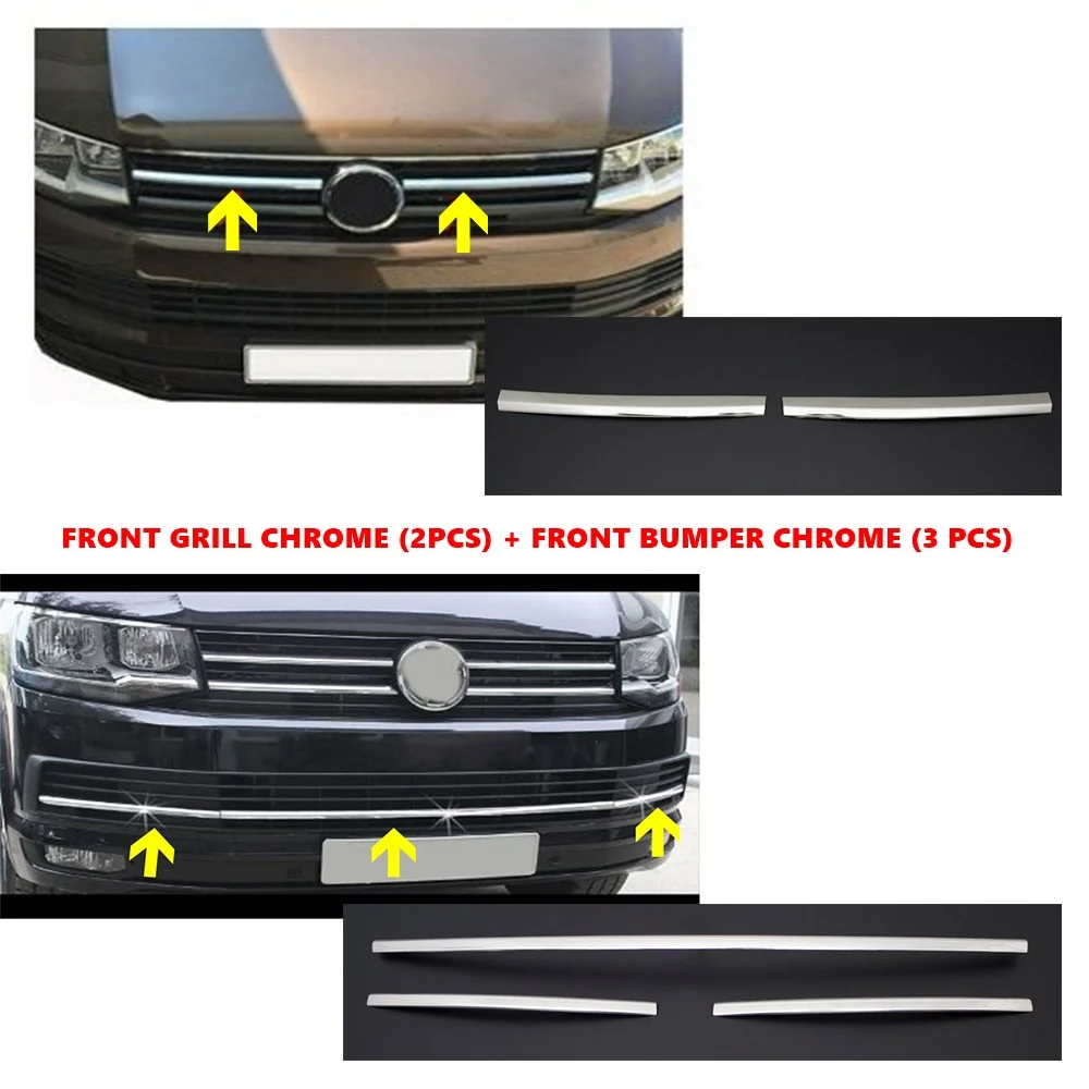 For Volkswagen VW T6 Transporter Front Grille Chrome (2pcs)+ Front bumper Chrome (3pcs). 1 Set. Stainless Steel. A + Quality