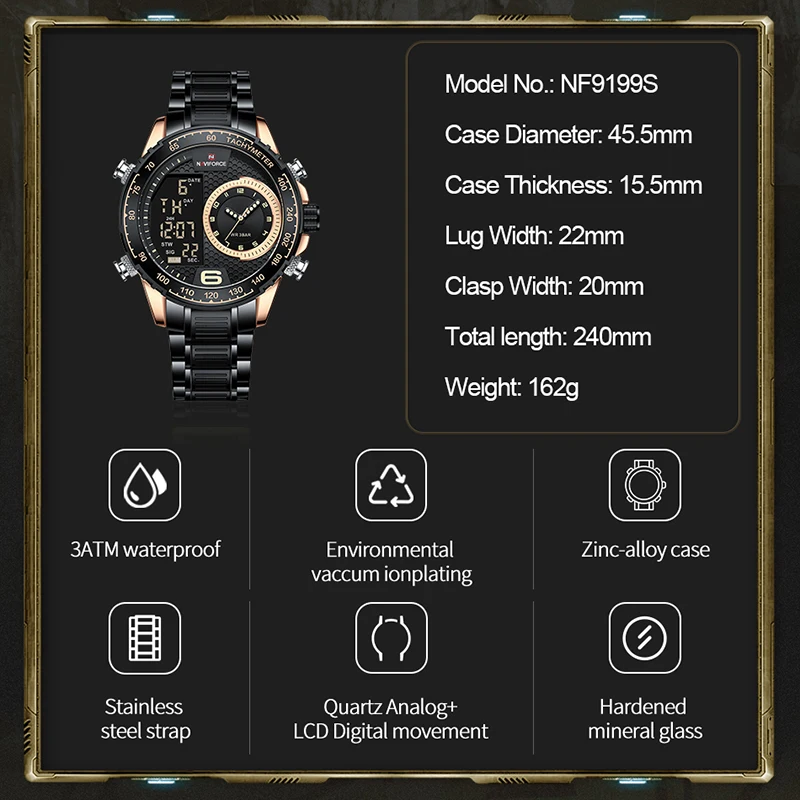 NAVIFORCE Men Watches Casual Clock Dual Display 30m Waterproof Stainless Steel Luxury Big Dial Wristwatch Male Relogio Masculino