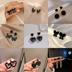 New Temperament Crystal Black Color Stud Earring For Women Heart Bow Square Earrings Girl Party Wedding Engagement Jewelry Gifts