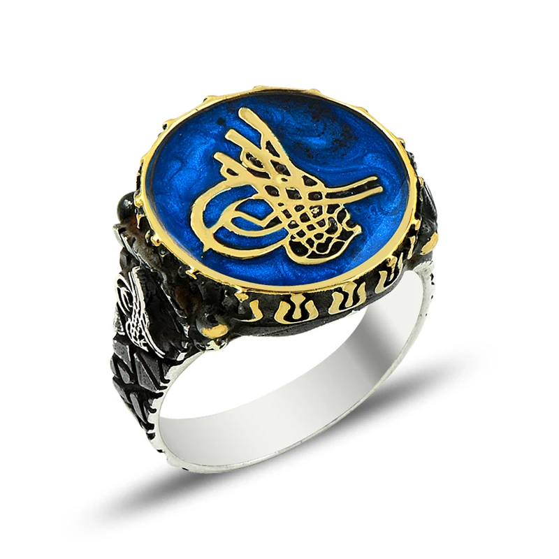 925 Silver Blue Ottoman Tugra Ring for Men Mans Ring