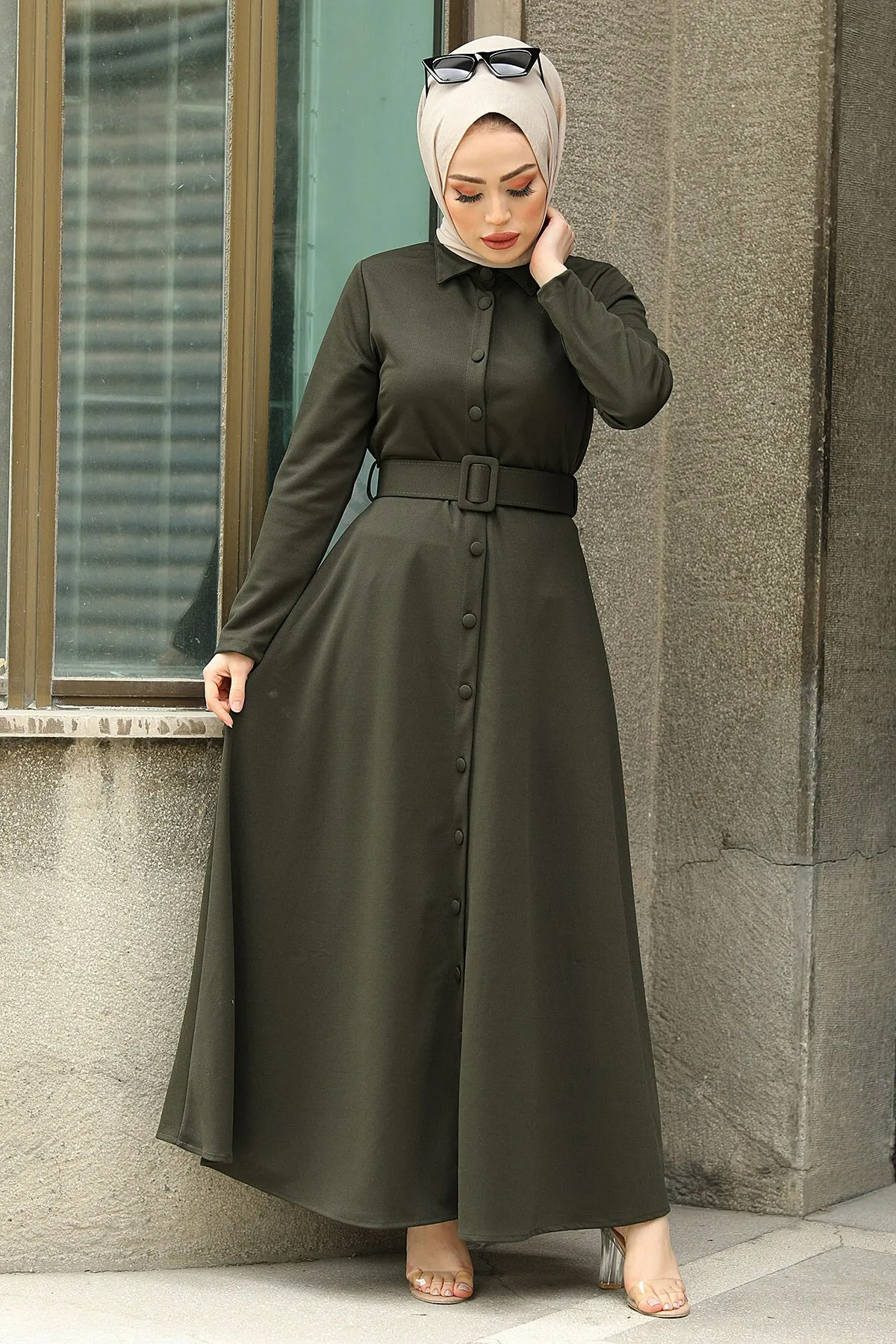 Es Ropa mujer musulmana Hijab vestido islámica vestido de Abaya abotonado cinturón traje mujeres árabe Abaya musulmán turco turbante árabe Abaya