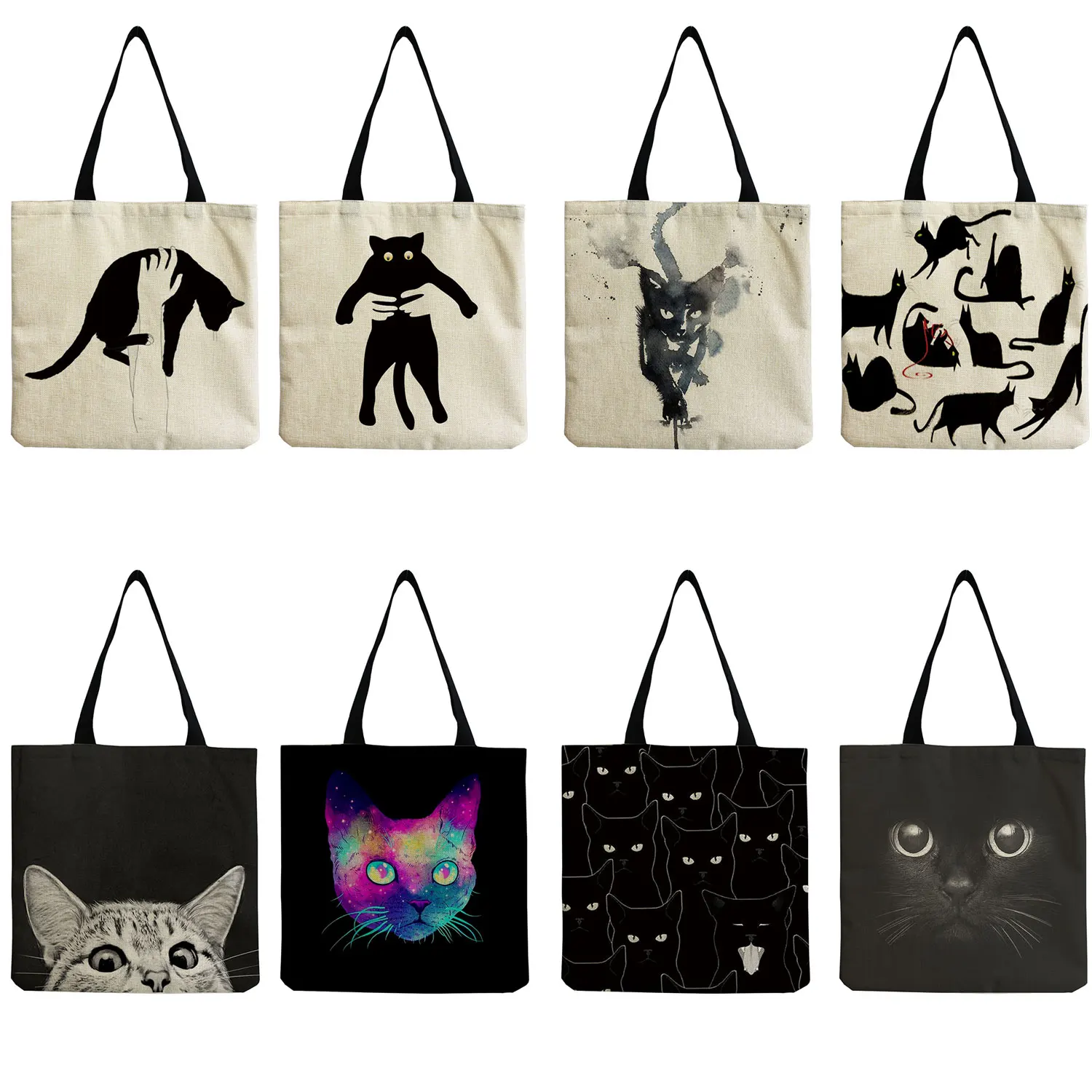 Design Bags Women Bag 2021 Black Cat Print Shopper Bag Handbag Office Eco Reusable Casual Shoulder Bags Practical Storage Totes