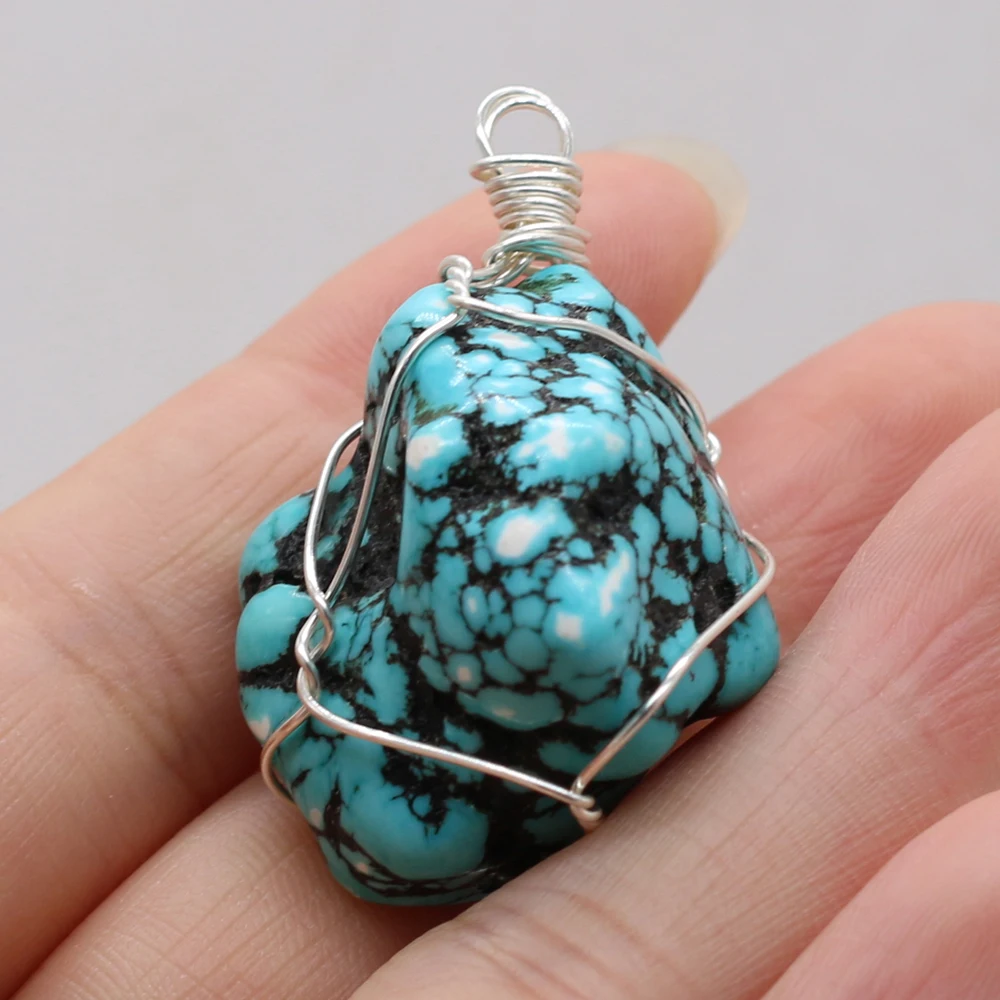 Natural Green Turquoise Pendant Winding Wire Irregural Agates Pendant Charms for Making DIY Jewerly Necklace Accessories