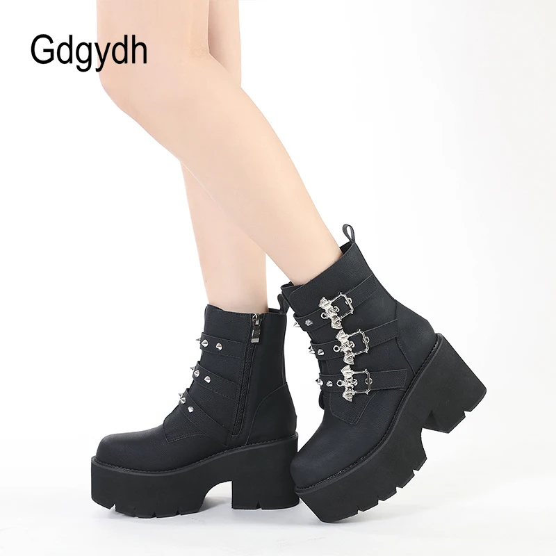 Gdgydh Sexy Rivets Black Demoia Boots Women Metal Decoration Platform Heels Gothic Bat Buckle Strap Ladies Short Boots Plus Size