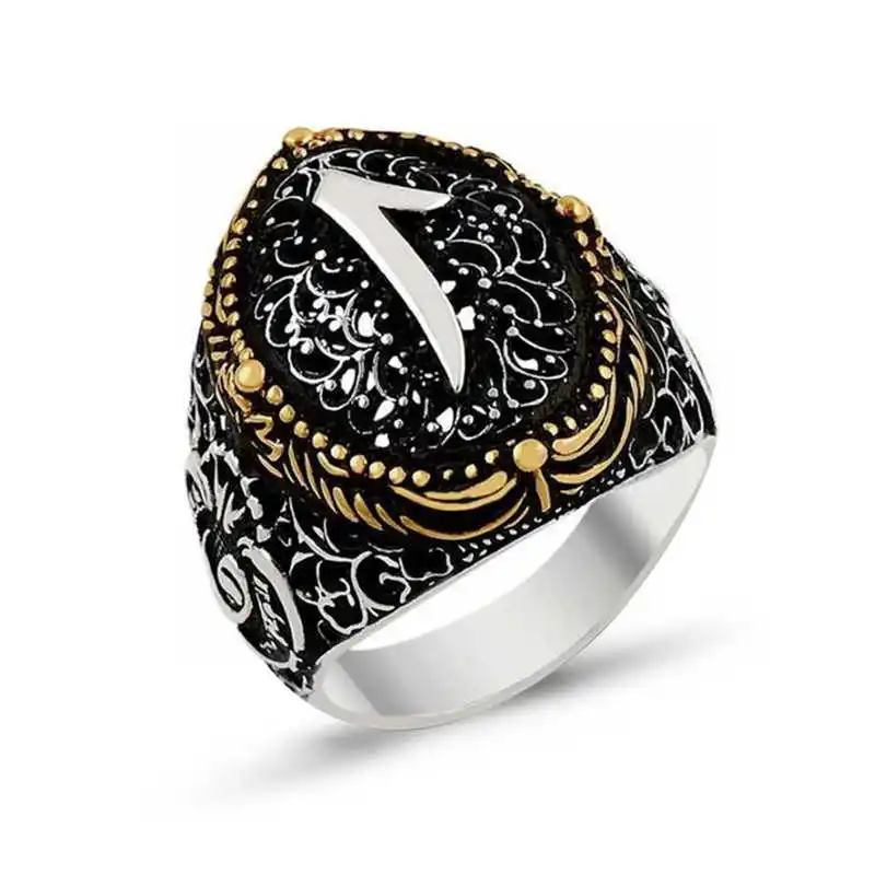 Silver Arabic Elif Written Men's Ring - 925 Sterling Men's Jewelry Wedding Birthday Gift - Box - Man - Fashion - Botiva - Size - Turkish - Patterned Embroidery