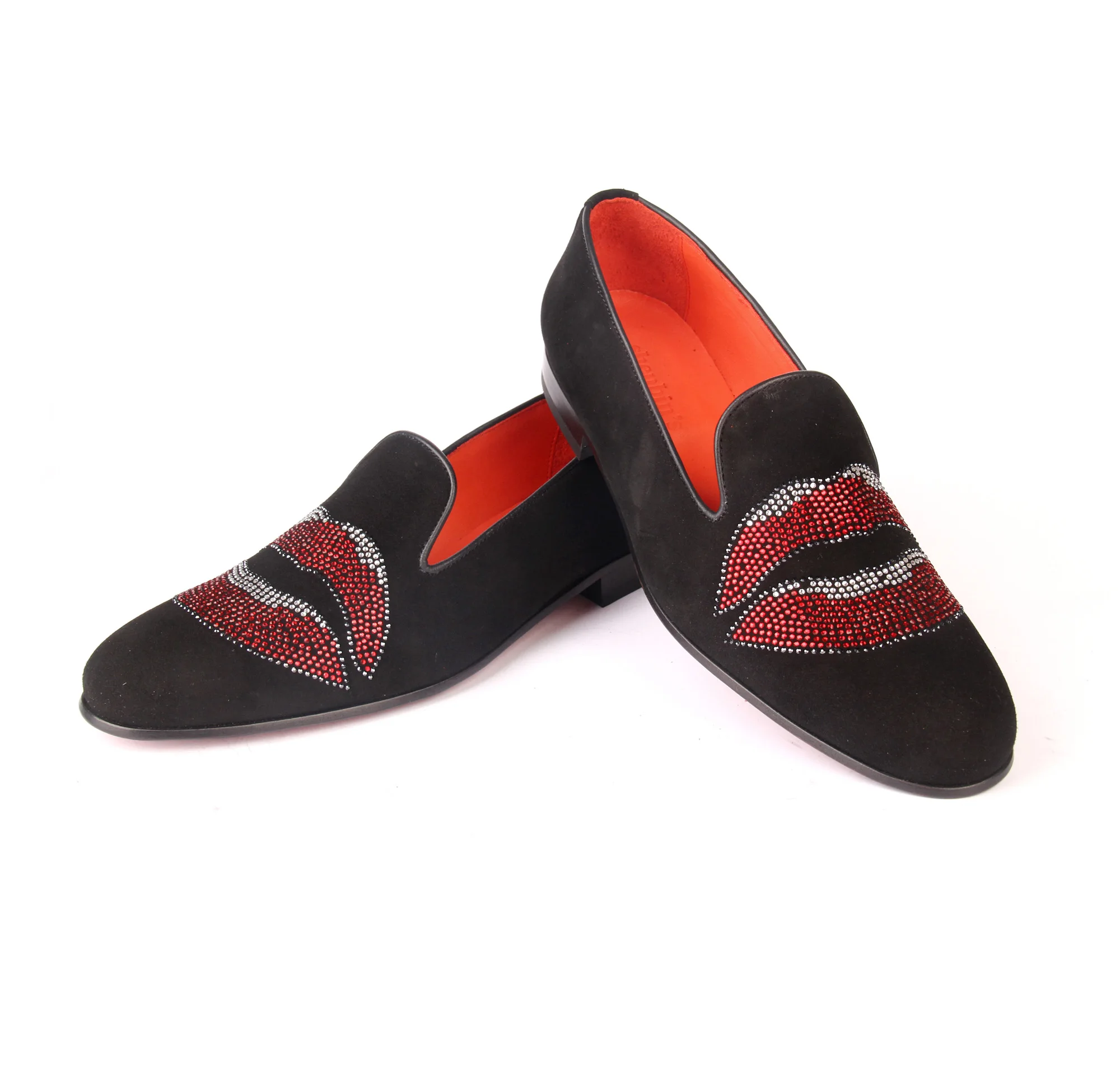 

Handmade Black Suede Loafers, Real Calfskin Leather, Leathersole, Red Lips Kiss Crystal Embroidery, Designer Wedding Shoes