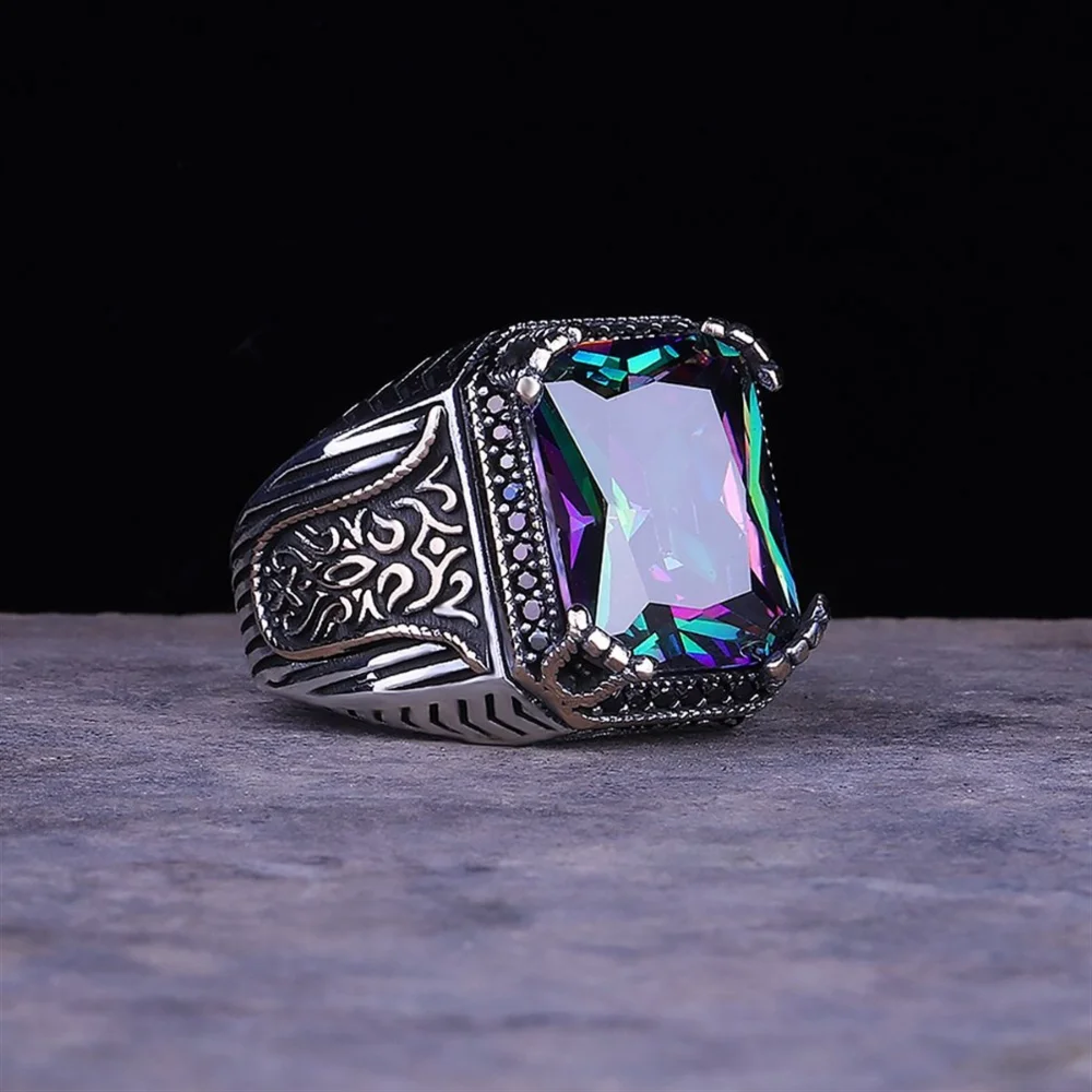 

925K Sterling Silver Ring, Mystic Topaz Gemstone With Shiny Zircon Stone Stylish Jewelry For Man's Handmade Vintage Accessory